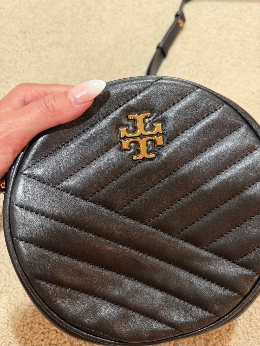 Tory Burch Black Quilted Leather Round Crossbody with Gold Logo